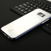 Луксозен твърд гръб ултра тънък оригинален BASEUS кристално прозрачен за Samsung Galaxy S7 EDGE G935 тъмно син кант